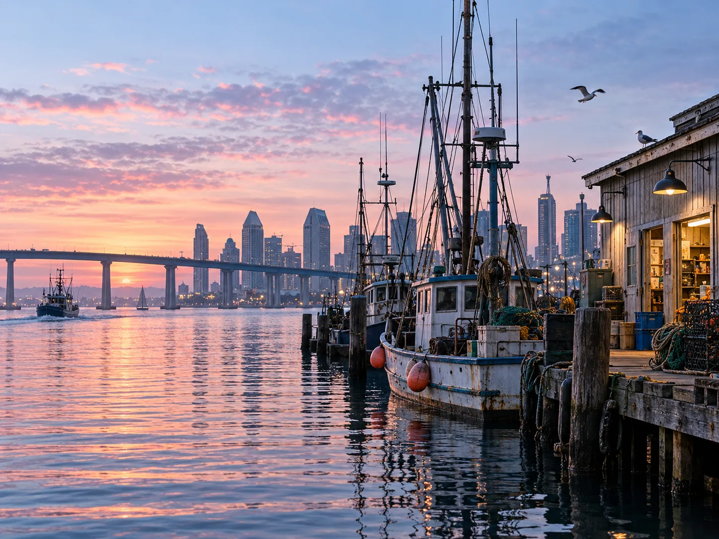 San Diego's working harbor at dawn, fishing boats at the dock with downtown and the Coronado Bridge beyond